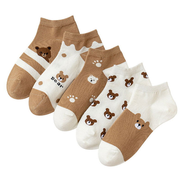 5 Pairs Cute Bear Elegant Casual Attire Ankle Socks - SocksLtd