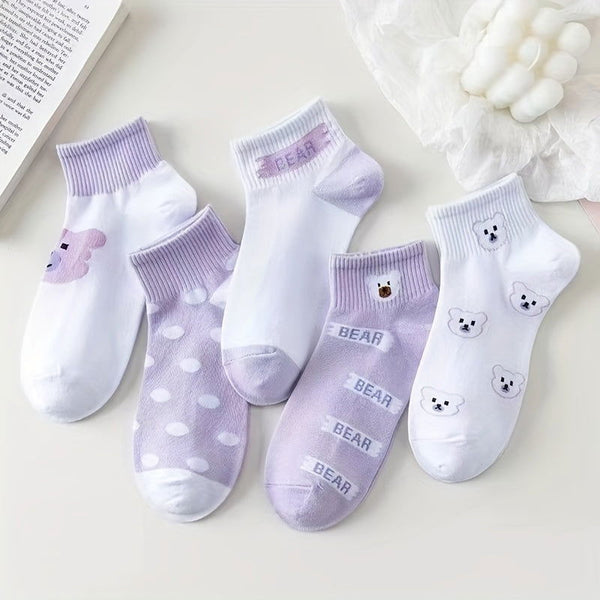 5 Pairs Cute Bear Purple Comfy Breathable Ankle Socks - SocksLtd