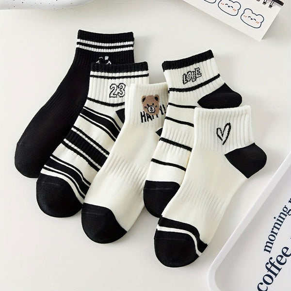 5 Pairs Cute Cartoon Bear Heart Striped Ankle Socks - SocksLtd