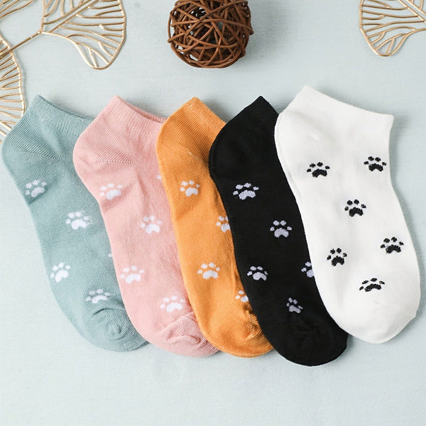 5 Pairs Cute Paw Print  Breathable Sweat Ankle Socks - SocksLtd