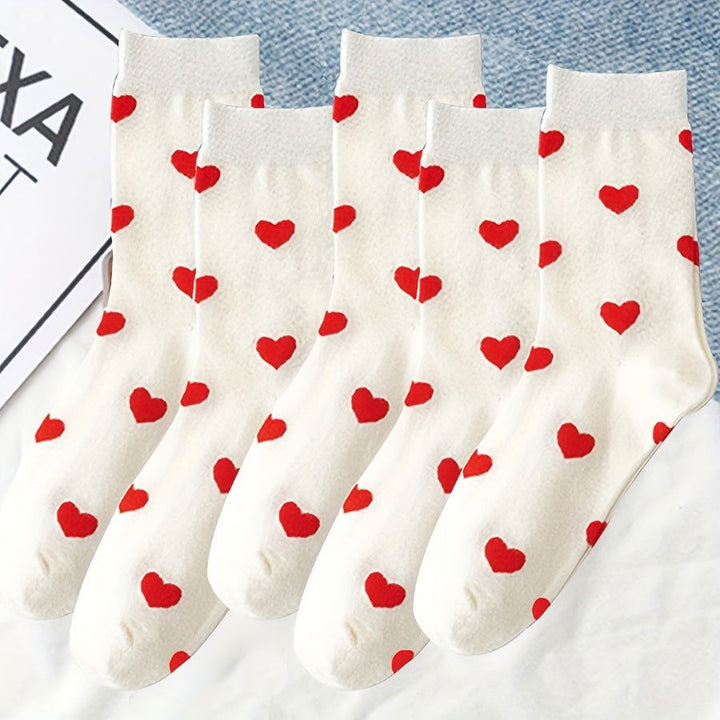 5 Pairs Cute Red Heart Pattern Soft Crew Socks - SocksLtd