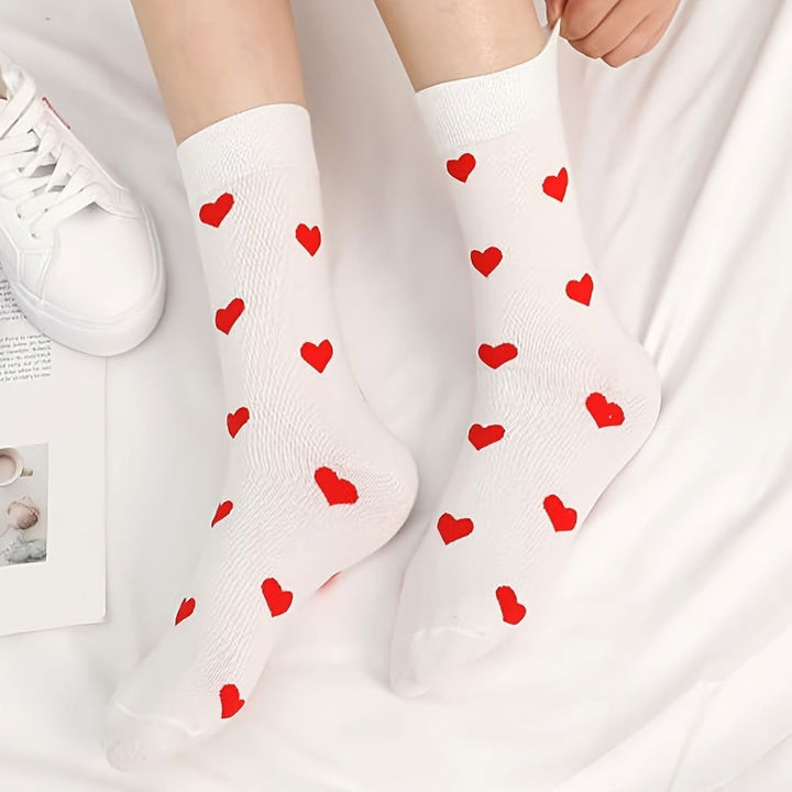 5 Pairs Cute Red Heart Pattern Soft Crew Socks - SocksLtd