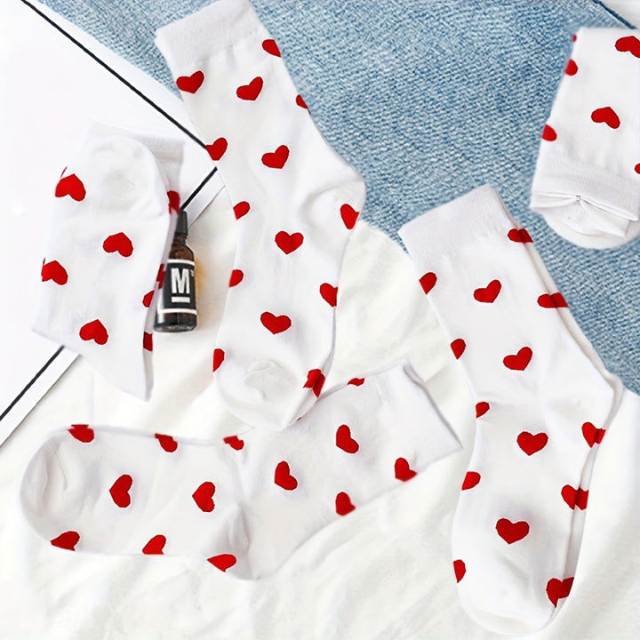 5 Pairs Cute Red Heart Pattern Soft Crew Socks - SocksLtd