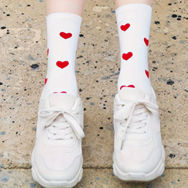 5 Pairs Cute Red Heart Pattern Soft Crew Socks - SocksLtd