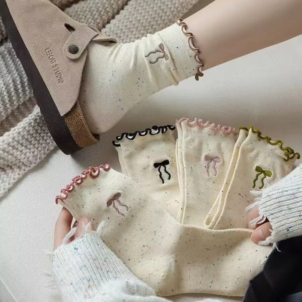 5 Pairs Dot yarn bow Casual Crew Socks - SocksLtd