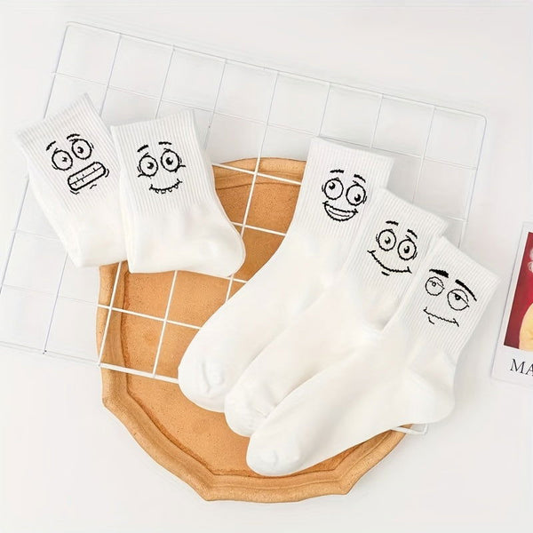 5 Pairs Embroidered Funny Face Design Crew Socks - SocksLtd