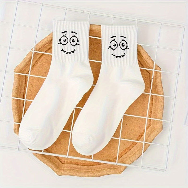5 Pairs Embroidered Funny Face Design Crew Socks - SocksLtd