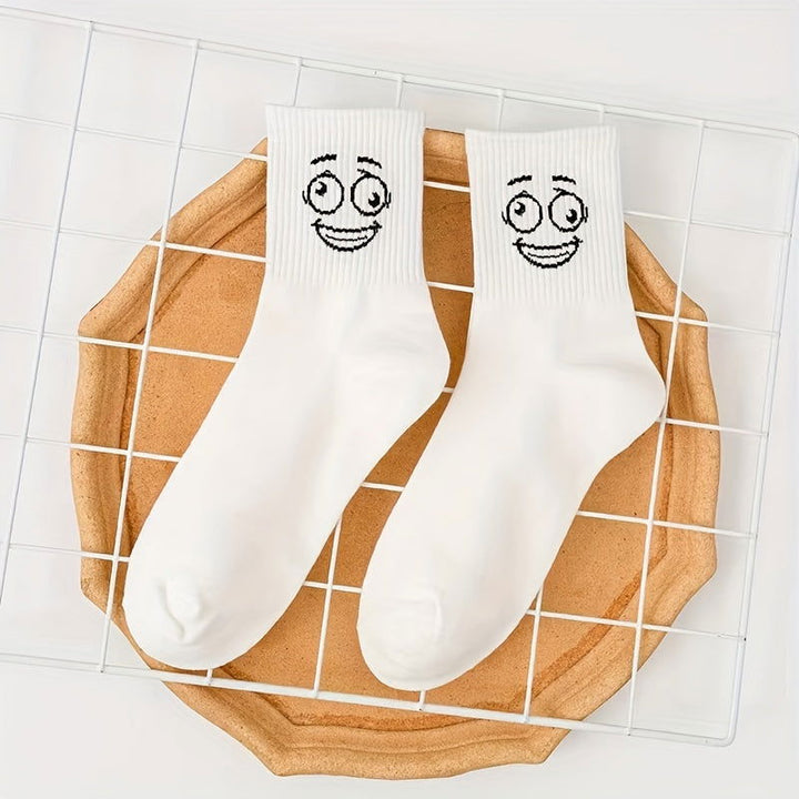 5 Pairs Embroidered Funny Face Design Crew Socks - SocksLtd