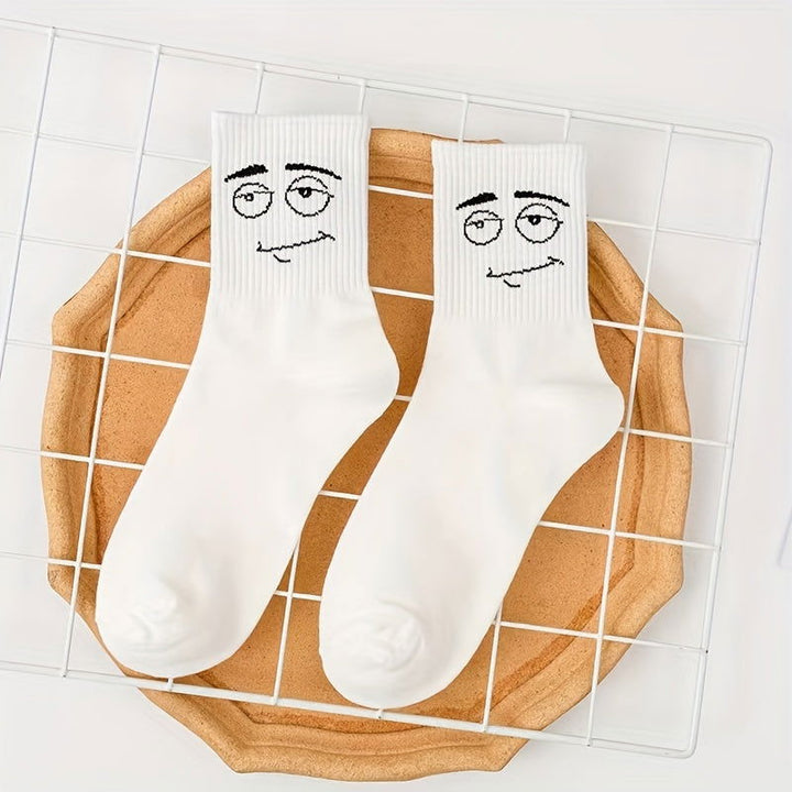 5 Pairs Embroidered Funny Face Design Crew Socks - SocksLtd