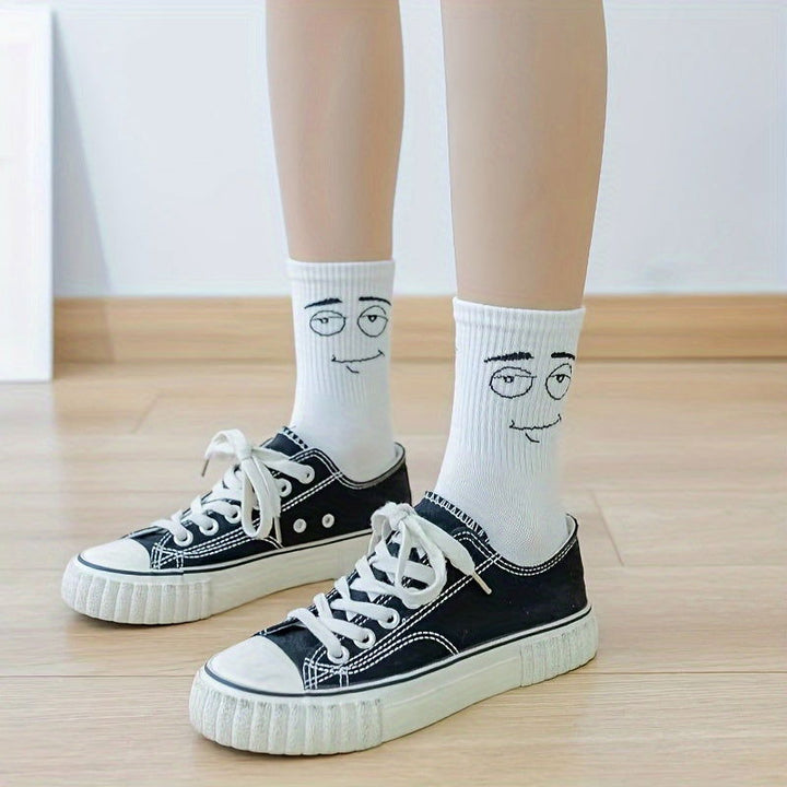 5 Pairs Embroidered Funny Face Design Crew Socks - SocksLtd