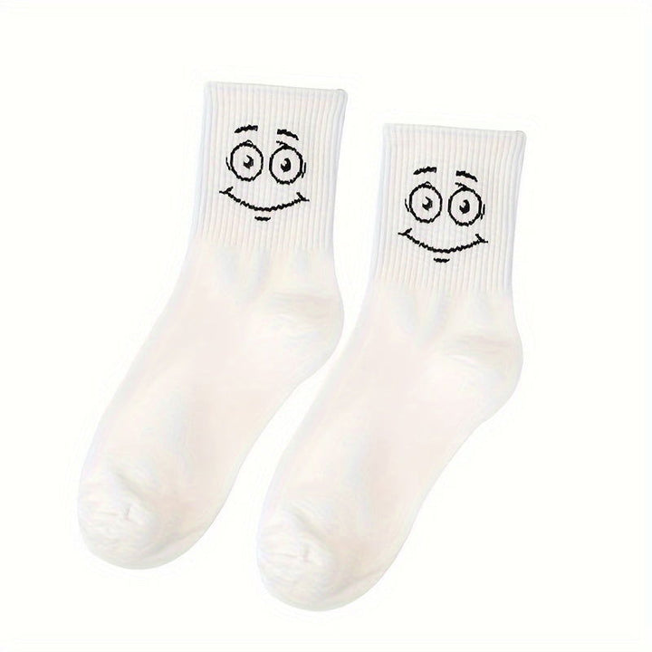 5 Pairs Embroidered Funny Face Design Crew Socks - SocksLtd