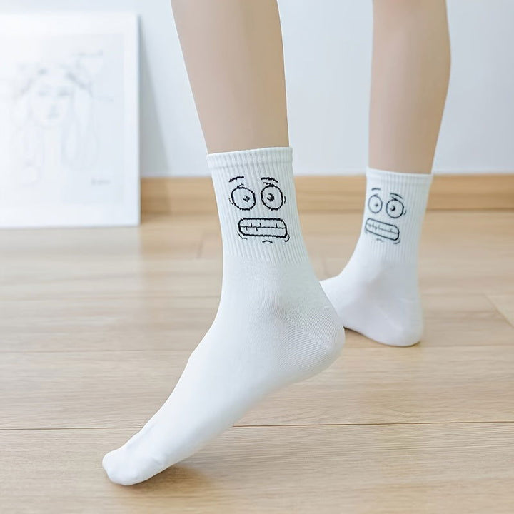 5 Pairs Embroidered Funny Face Design Crew Socks - SocksLtd