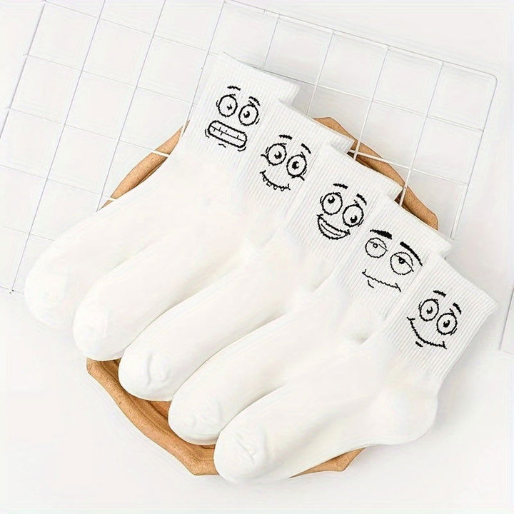 5 Pairs Embroidered Funny Face Design Crew Socks - SocksLtd