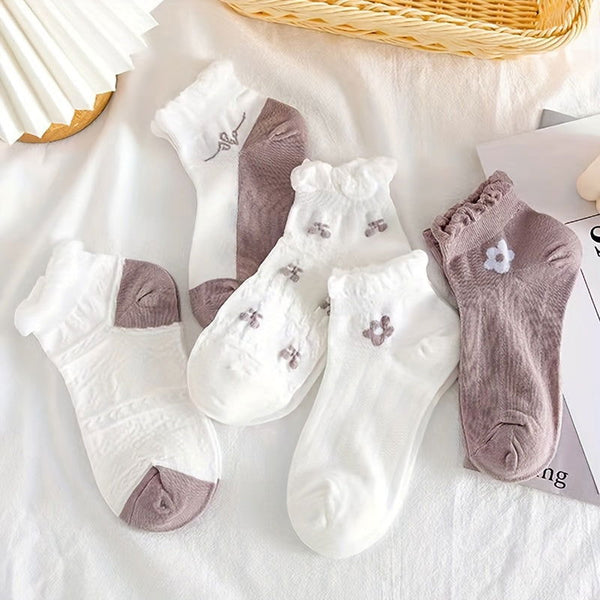 5 Pairs Floral Lace  Breathable Ankle Socks - SocksLtd