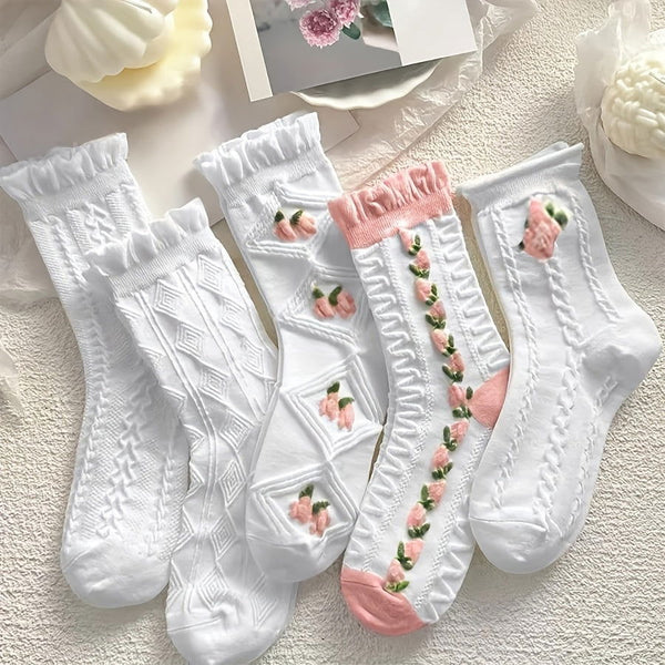 5 Pairs Floral Textured Ruffle Cuteb Sweet Crew Socks - SocksLtd