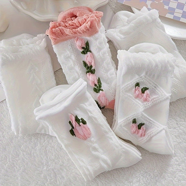 5 Pairs Floral Textured Ruffle Cuteb Sweet Crew Socks - SocksLtd