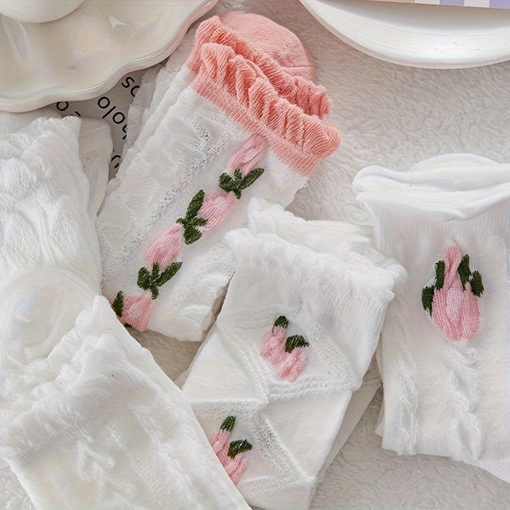 5 Pairs Floral Textured Ruffle Cuteb Sweet Crew Socks - SocksLtd