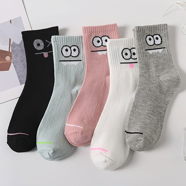 5 Pairs Funny Face  Comfy  Mid Tube Crew Socks - SocksLtd