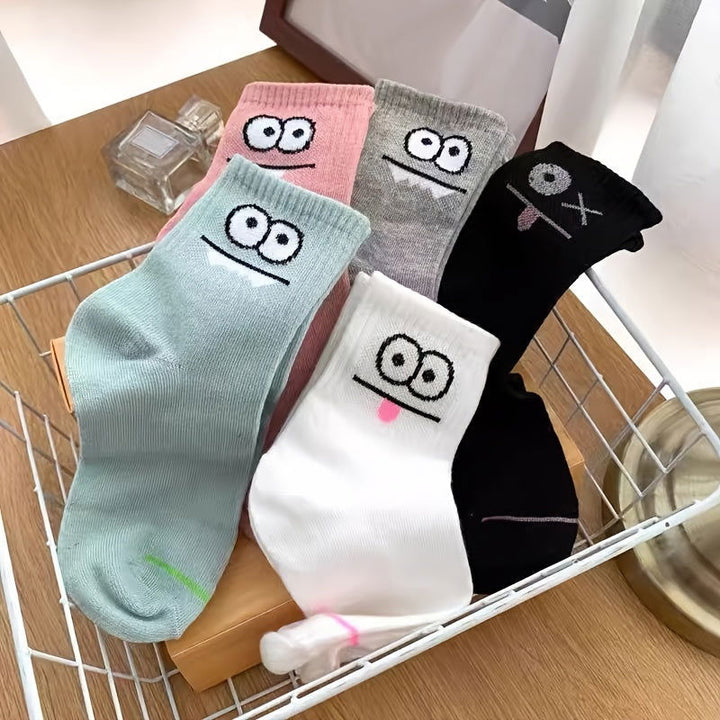 5 Pairs Funny Face  Comfy  Mid Tube Crew Socks - SocksLtd