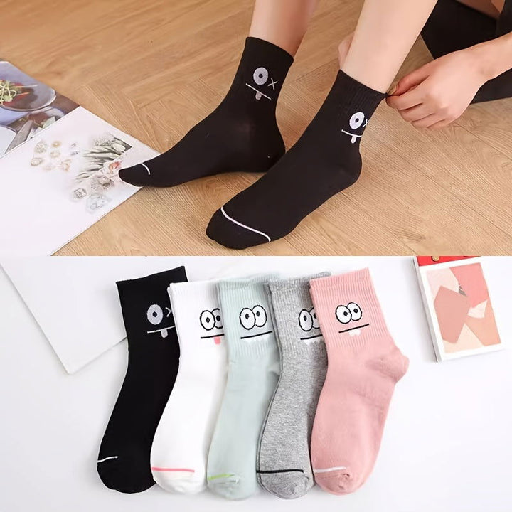 5 Pairs Funny Face  Comfy  Mid Tube Crew Socks - SocksLtd