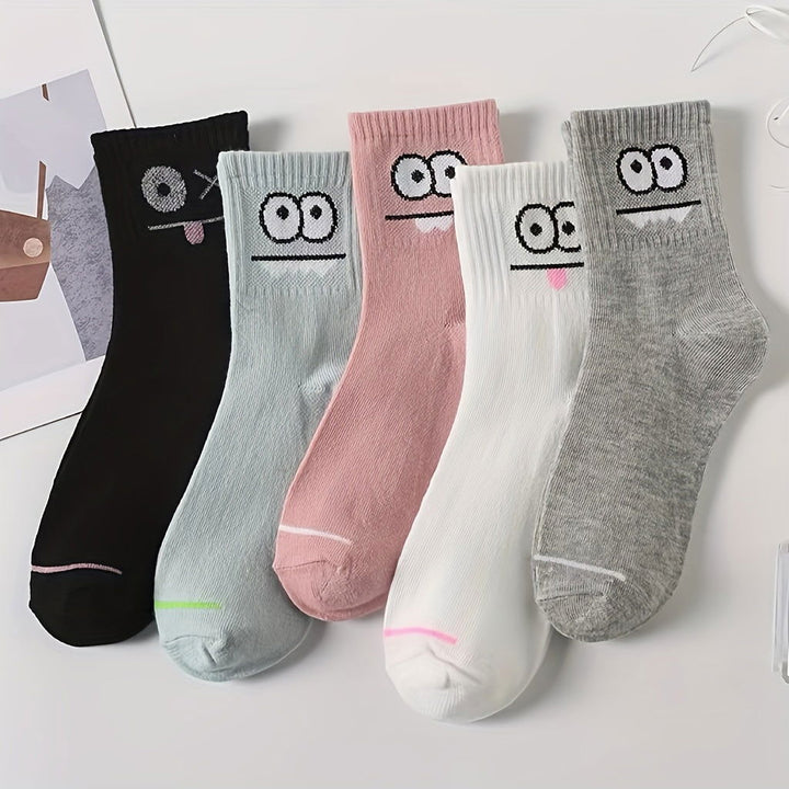 5 Pairs Funny Face  Comfy  Mid Tube Crew Socks - SocksLtd