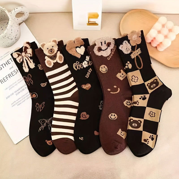 5 Pairs Fuzzy Bear Pattern Cute Comfy Crew Socks - SocksLtd