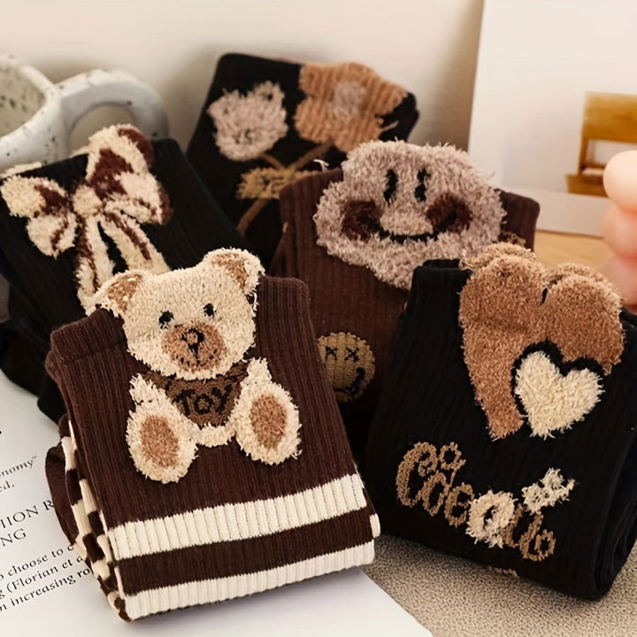 5 Pairs Fuzzy Bear Pattern Cute Comfy Crew Socks - SocksLtd