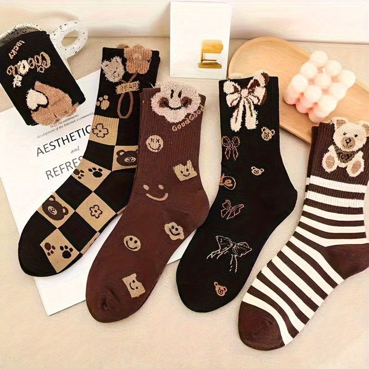 5 Pairs Fuzzy Bear Pattern Cute Comfy Crew Socks - SocksLtd