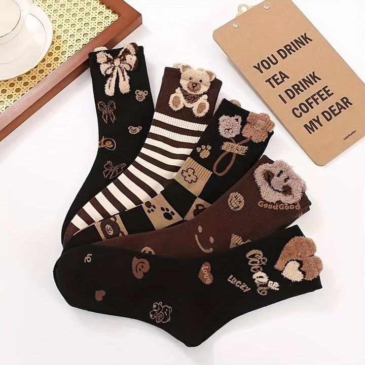 5 Pairs Fuzzy Bear Pattern Cute Comfy Crew Socks - SocksLtd