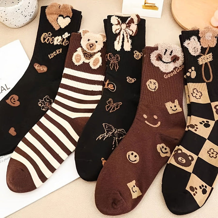 5 Pairs Fuzzy Bear Pattern Cute Comfy Crew Socks - SocksLtd
