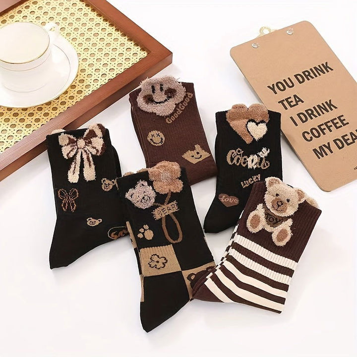 5 Pairs Fuzzy Bear Pattern Cute Comfy Crew Socks - SocksLtd