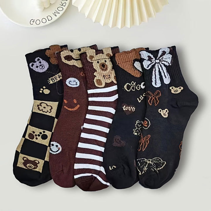 5 Pairs Fuzzy Bear Pattern Cute Comfy Crew Socks - SocksLtd