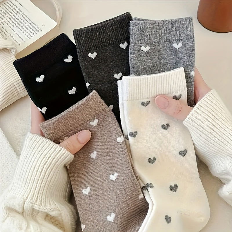 5 Pairs Heart Print Cute Crew Socks - SocksLtd