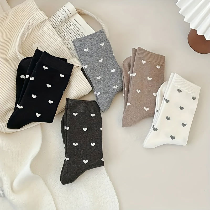 5 Pairs Heart Print Cute Crew Socks - SocksLtd