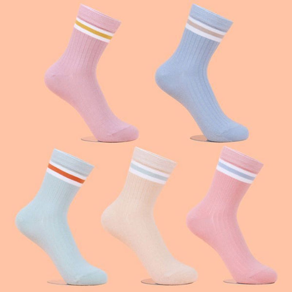 5 Pairs Ins striped college Style Casual Crew Socks - SocksLtd