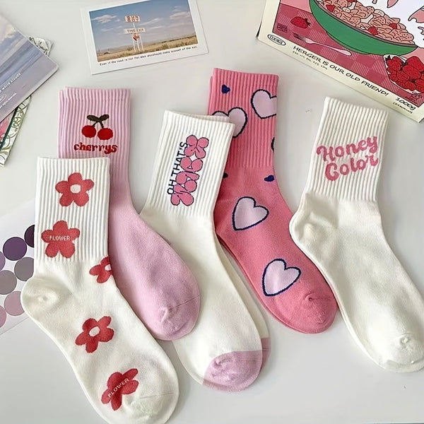 5 Pairs Japanese Inspired Floral  Heart Crew Socks - SocksLtd