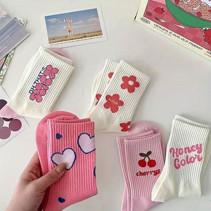 5 Pairs Japanese Inspired Floral  Heart Crew Socks - SocksLtd