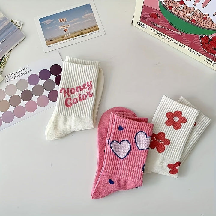 5 Pairs Japanese Inspired Floral  Heart Crew Socks - SocksLtd