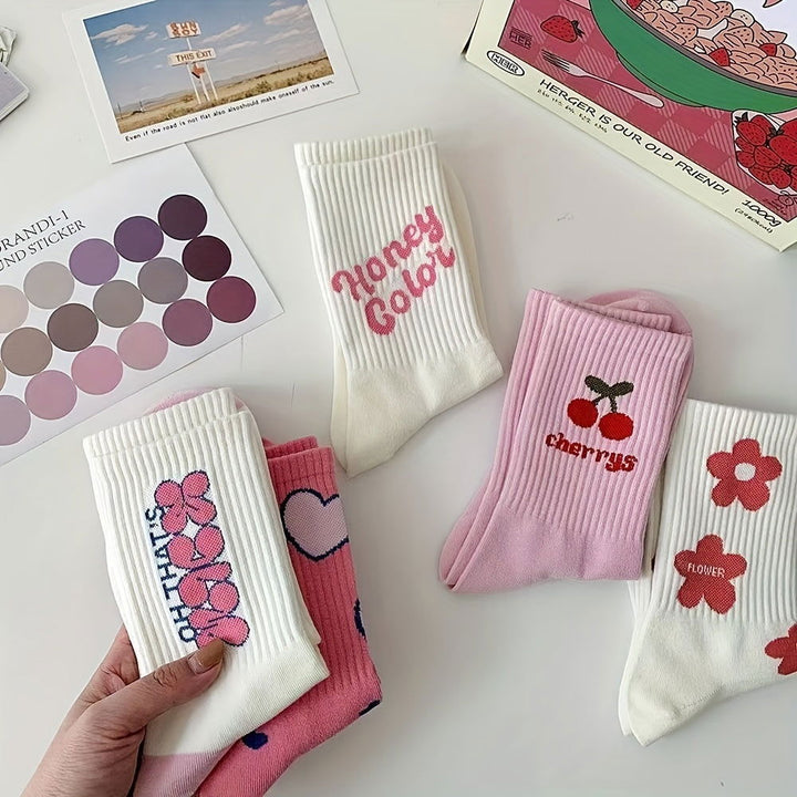 5 Pairs Japanese Inspired Floral  Heart Crew Socks - SocksLtd