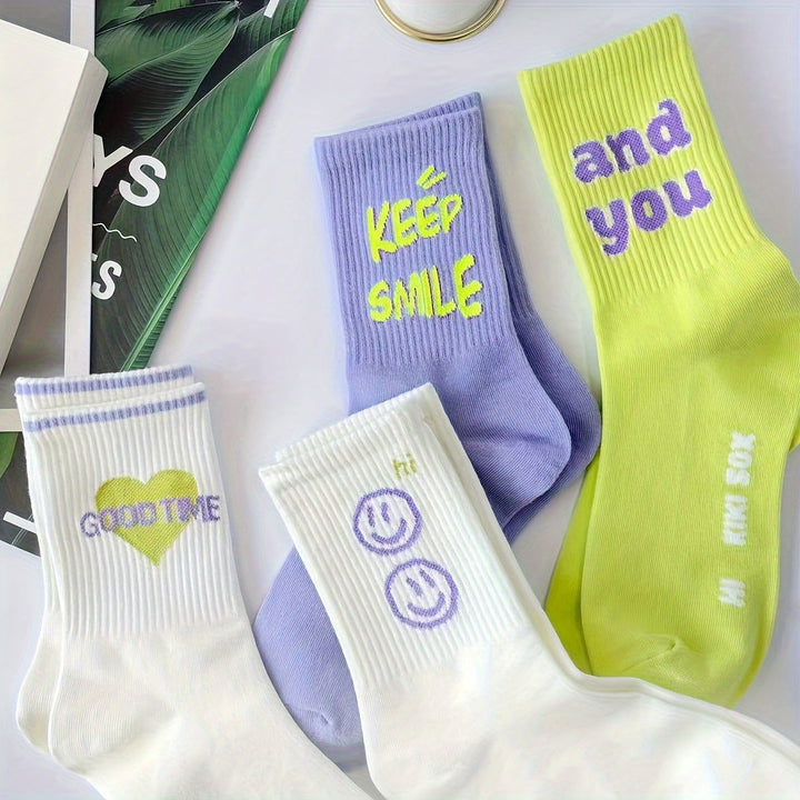 5 Pairs Letter Graphic Trendy Sports Crew Socks - SocksLtd