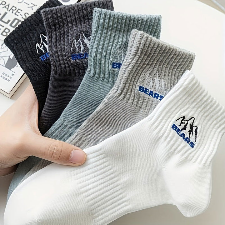 5 Pairs Men Mountain Embroidery Comfort Crew Socks - socksltd