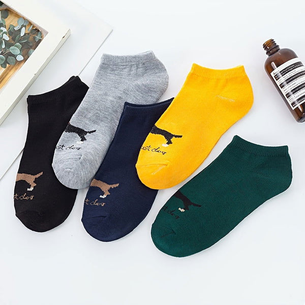5 Pairs Men Puppy Pattern Solid Comfy Ankle Socks - socksltd