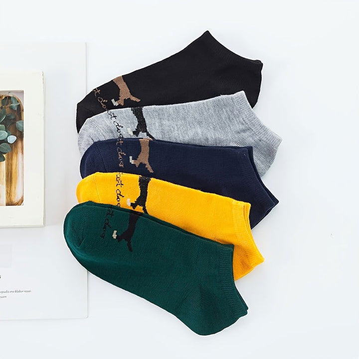 5 Pairs Men Puppy Pattern Solid Comfy Ankle Socks - socksltd
