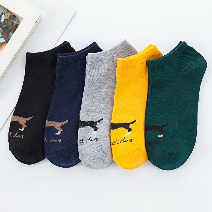 5 Pairs Men Puppy Pattern Solid Comfy Ankle Socks - socksltd