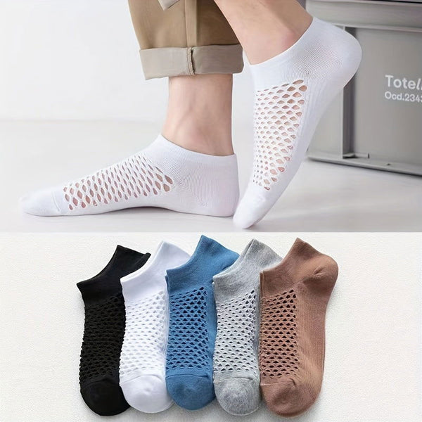 5 Pairs Men Thin Mesh Sweat Absorbing Plain Ankle Socks - socksltd