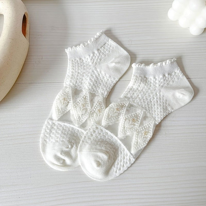 5 Pairs Mesh Floral Pattern Ruffle Trim Ankle Socks - SocksLtd