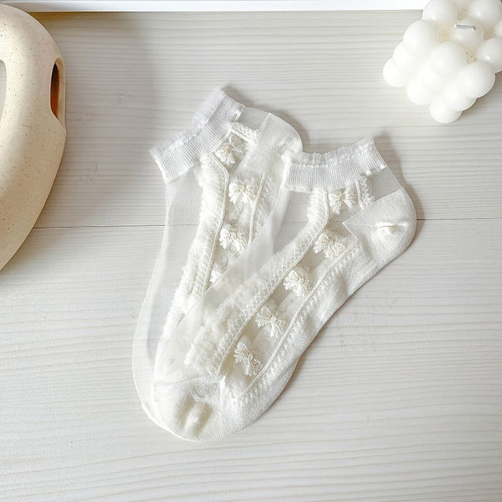 5 Pairs Mesh Floral Pattern Ruffle Trim Ankle Socks - SocksLtd