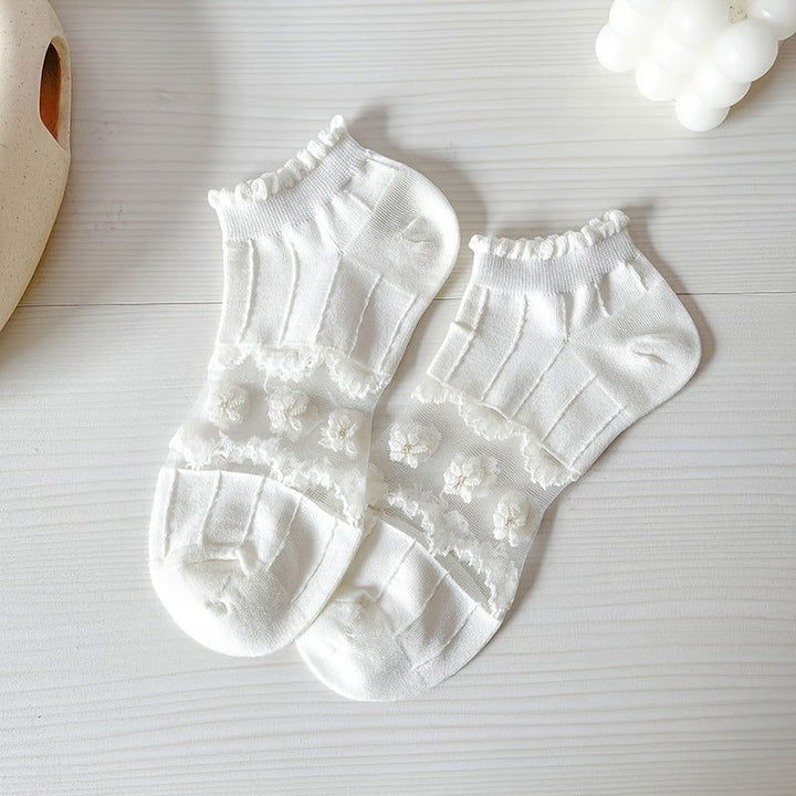 5 Pairs Mesh Floral Pattern Ruffle Trim Ankle Socks - SocksLtd