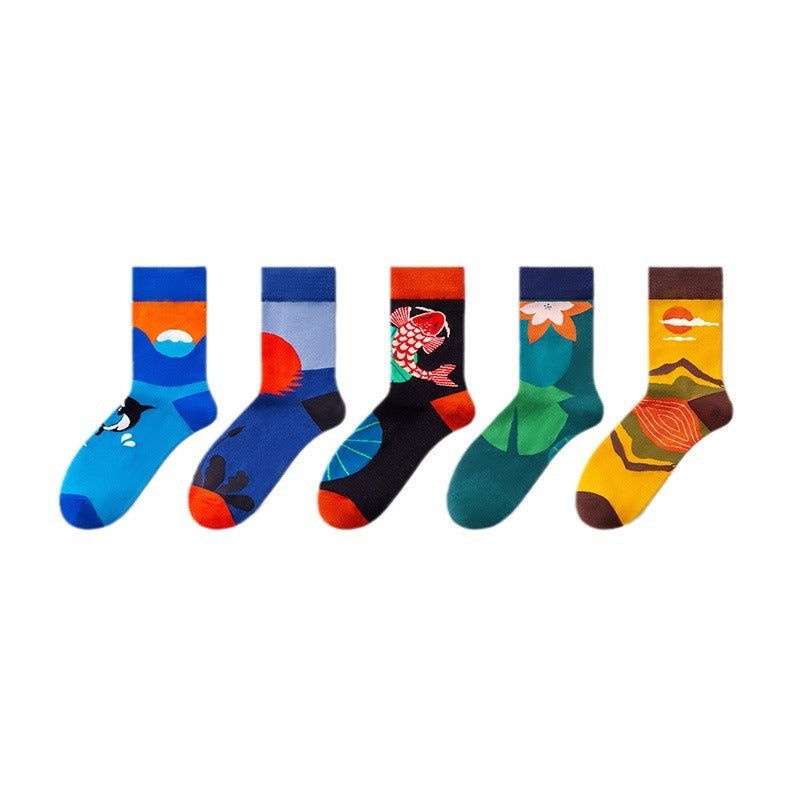 5 Pairs Personalized illustration Casual Crew Socks - SocksLtd