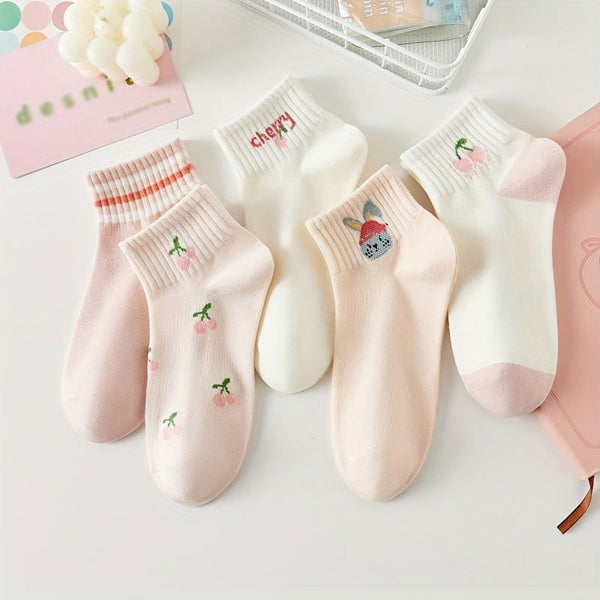 5 Pairs Pink Cartoon Style Fresh Cute Ankle Socks - SocksLtd